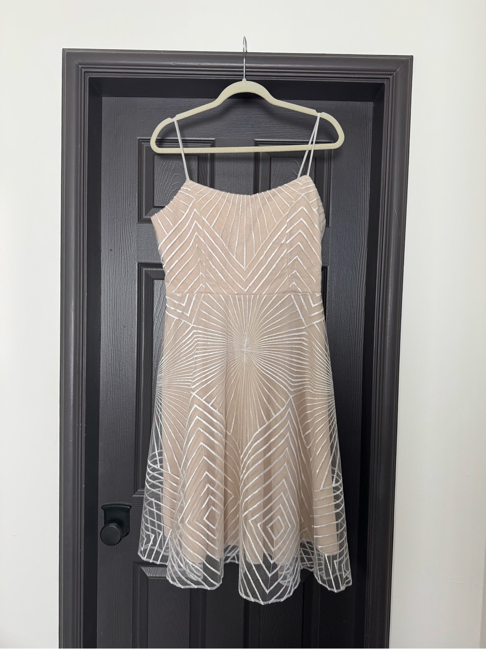 Beige Spaghetti Strap A-Line Dress with White Geometric Embroidery